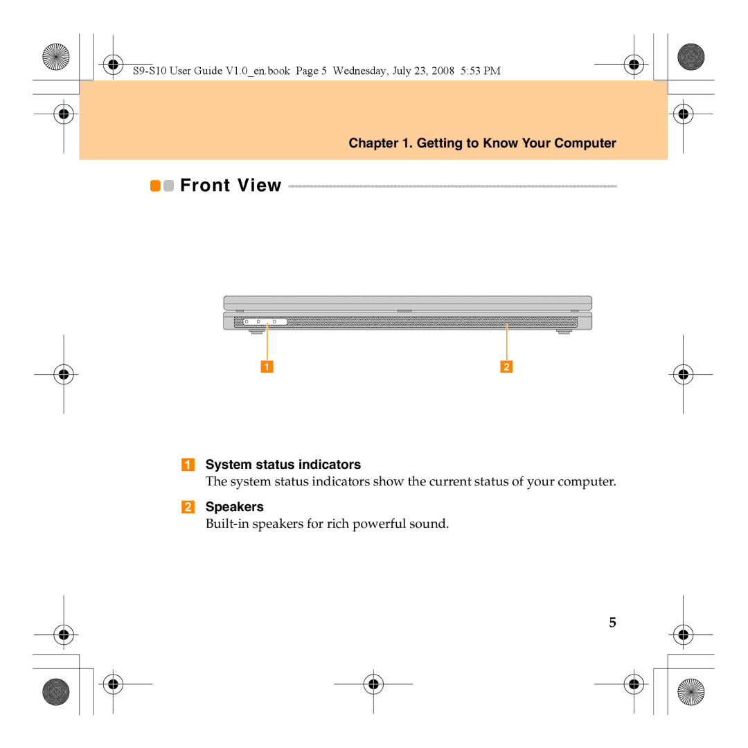 Lenovo S10 manual Front View, System status indicators, Speakers 