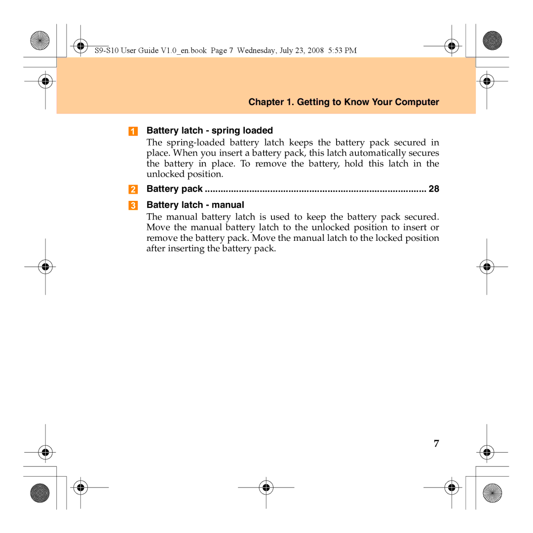 Lenovo S10 Getting to Know Your Computer Battery latch spring loaded, Battery latch manual 