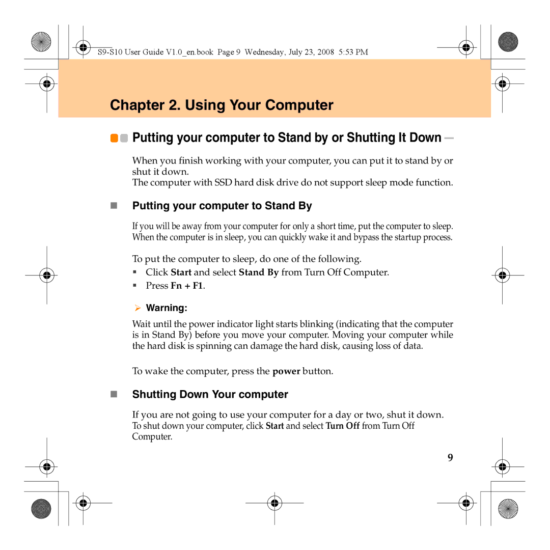 Lenovo S10 manual Using Your Computer, „ Putting your computer to Stand By, „ Shutting Down Your computer 