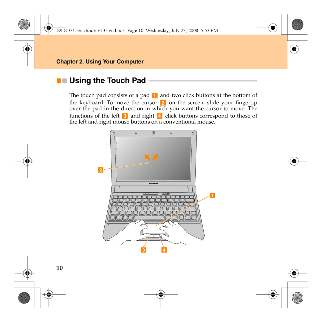 Lenovo S10 manual Using the Touch Pad, Using Your Computer 