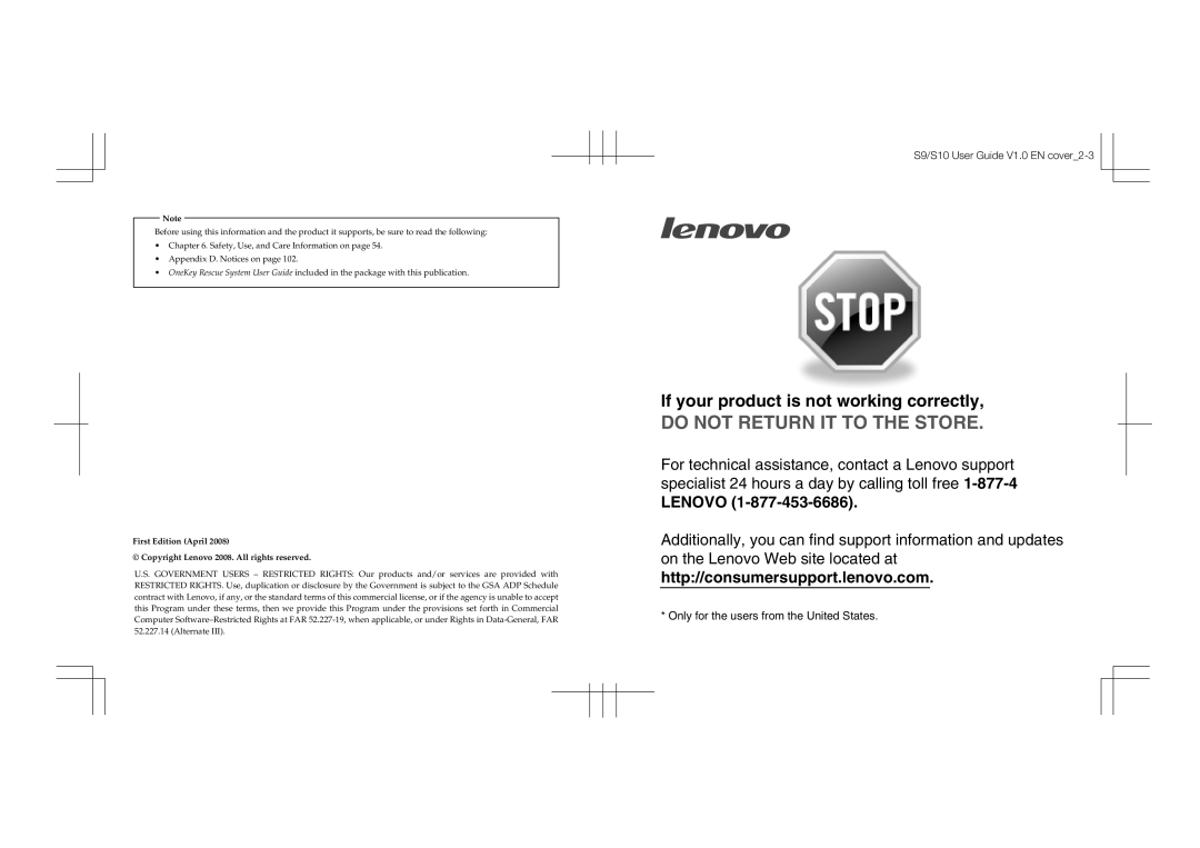 Lenovo manual If your product is not working correctly, S9/S10 User Guide V1.0 EN cover2-3 