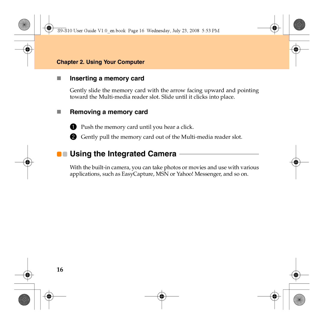 Lenovo S10 manual Using the Integrated Camera, „ Inserting a memory card, „ Removing a memory card 