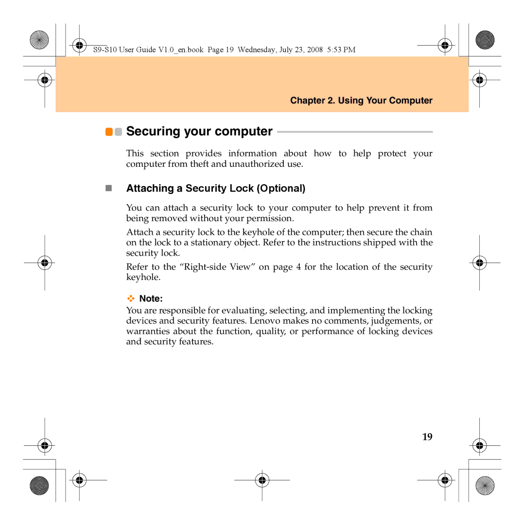 Lenovo S10 manual Securing your computer 