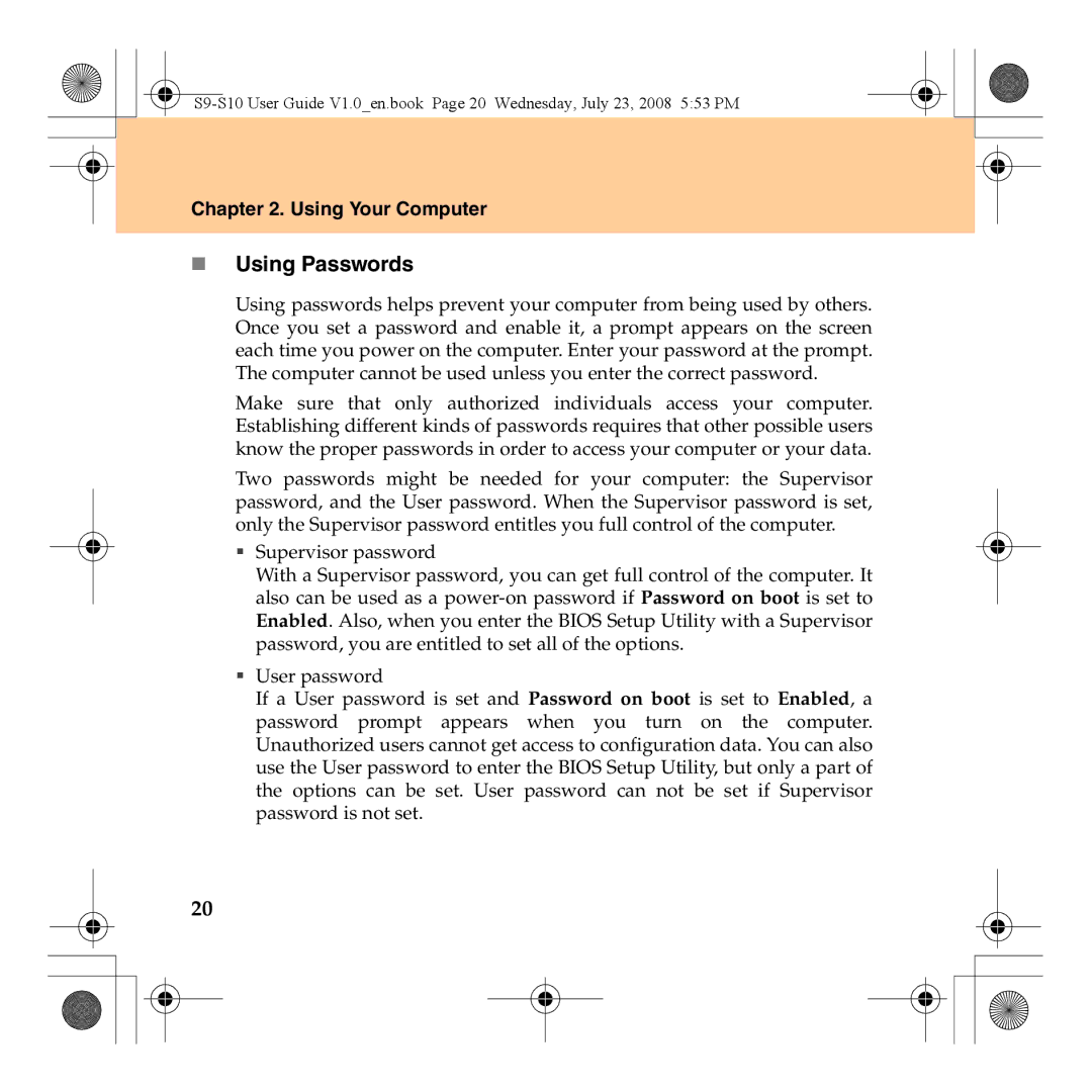 Lenovo S10 manual „ Using Passwords 