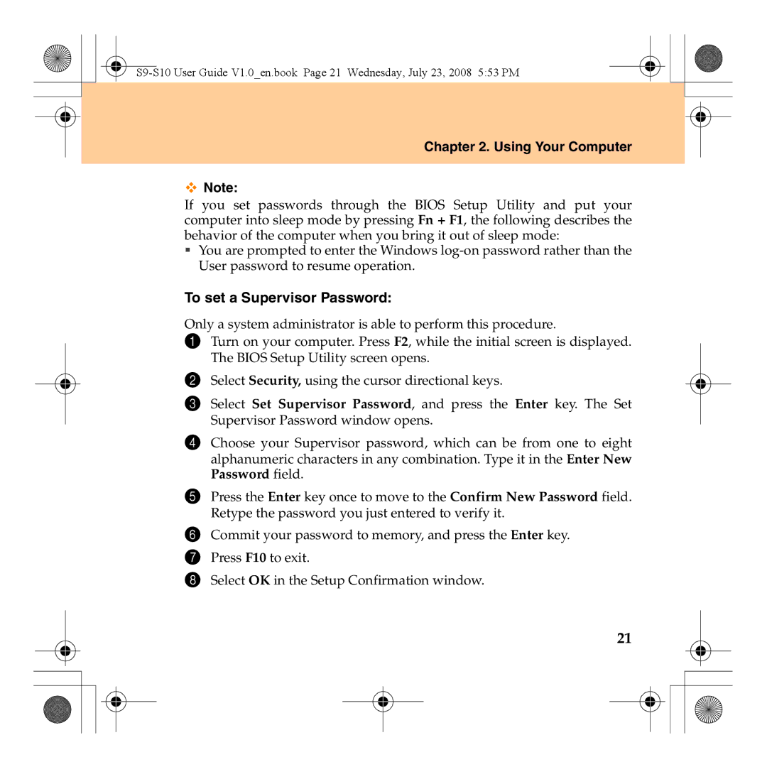 Lenovo S10 manual To set a Supervisor Password 