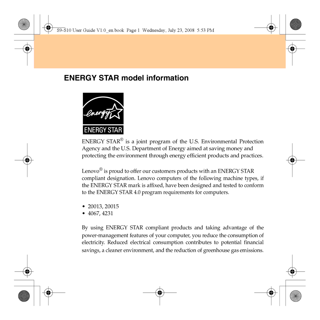 Lenovo S10 manual Energy Star model information 