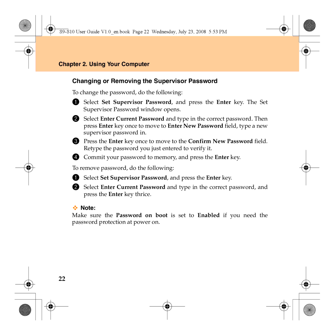 Lenovo S10 manual Select Set Supervisor Password, and press the Enter key 