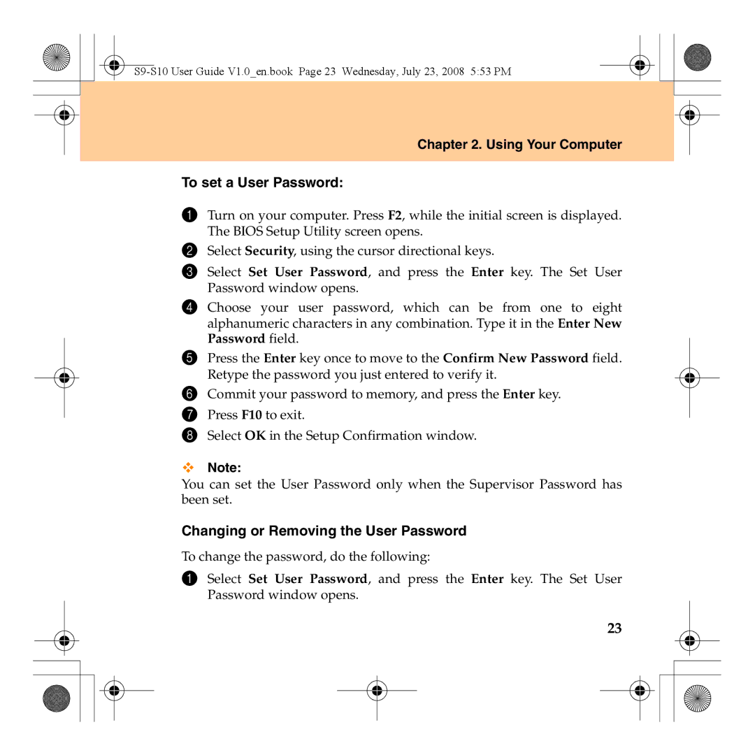 Lenovo S10 manual Using Your Computer To set a User Password, Changing or Removing the User Password 