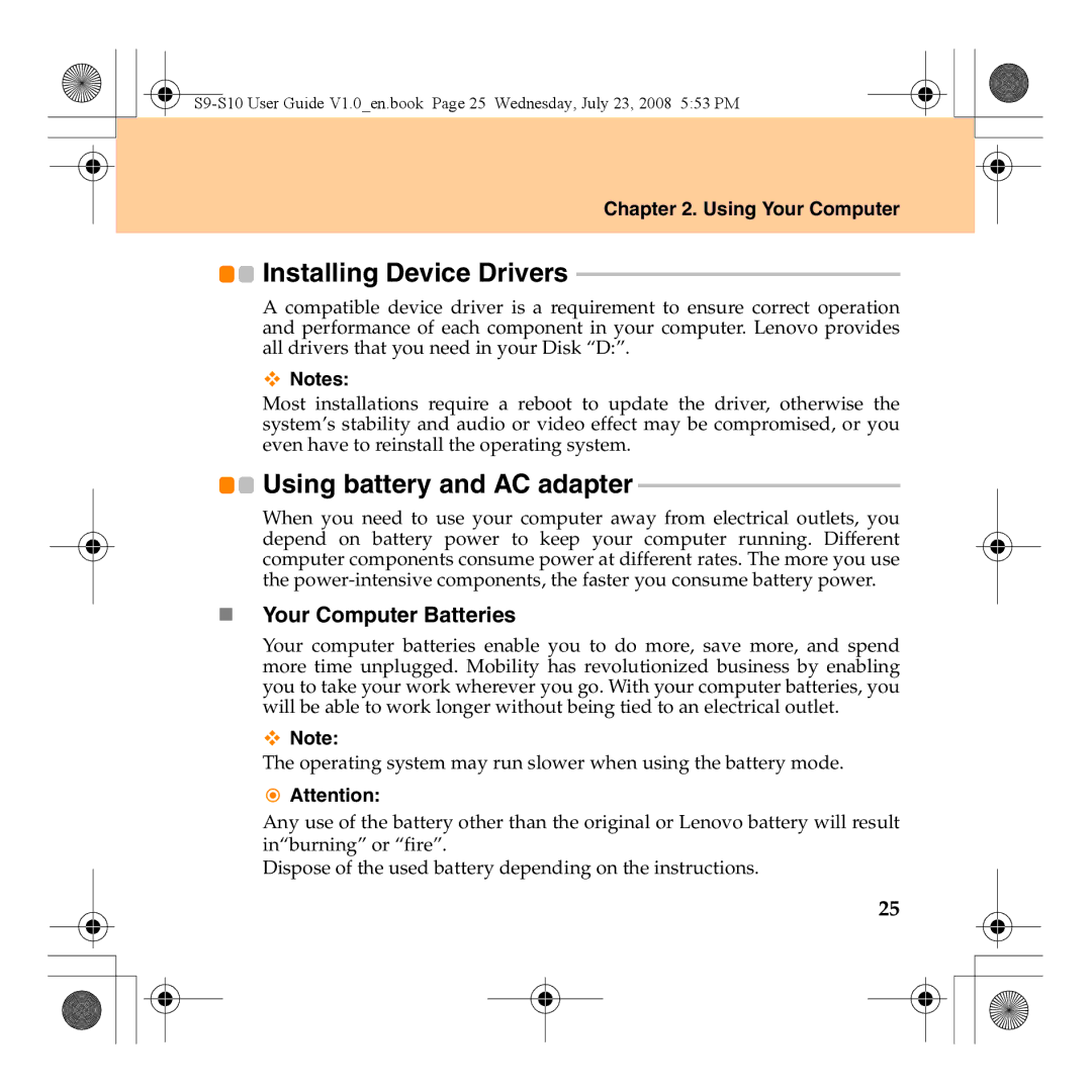 Lenovo S10 manual Using battery and AC adapter, Installing Device Drivers, „ Your Computer Batteries 