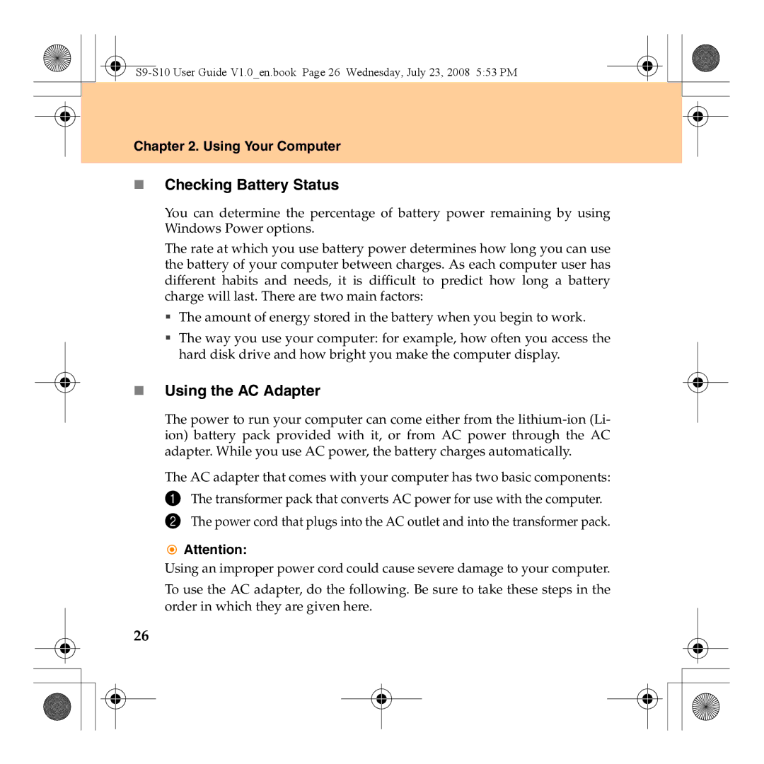 Lenovo S10 manual „ Checking Battery Status, „ Using the AC Adapter 