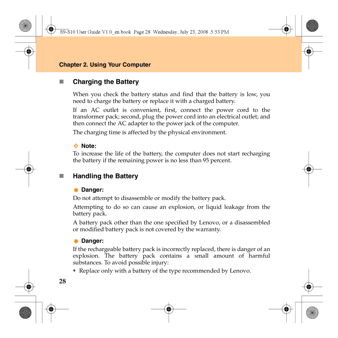 Lenovo S10 manual „ Charging the Battery, „ Handling the Battery 