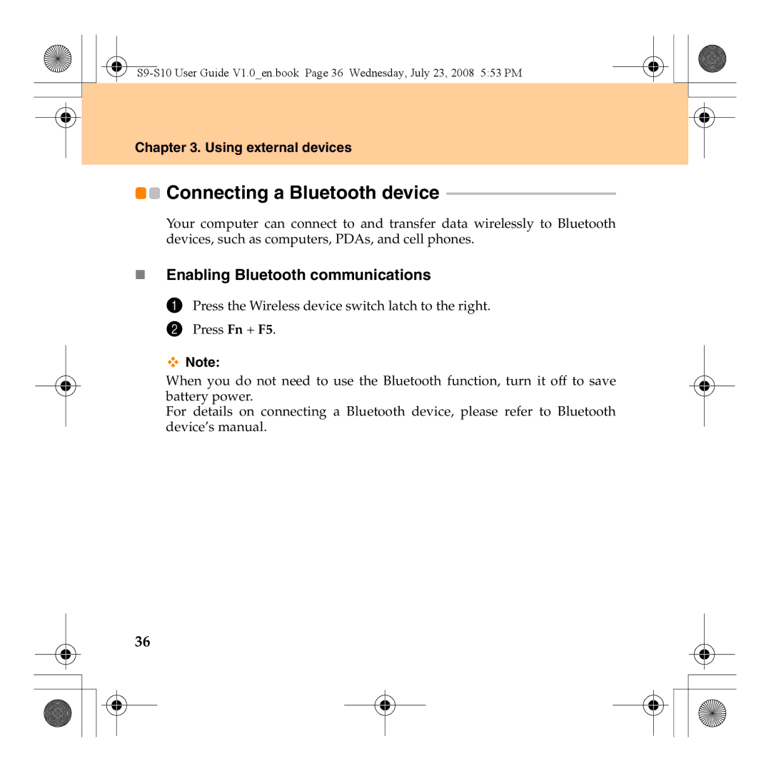 Lenovo S10 manual Connecting a Bluetooth device, „ Enabling Bluetooth communications 