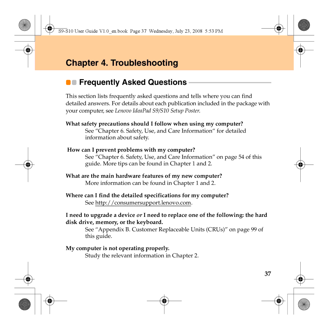 Lenovo S10 manual Troubleshooting, Frequently Asked Questions 