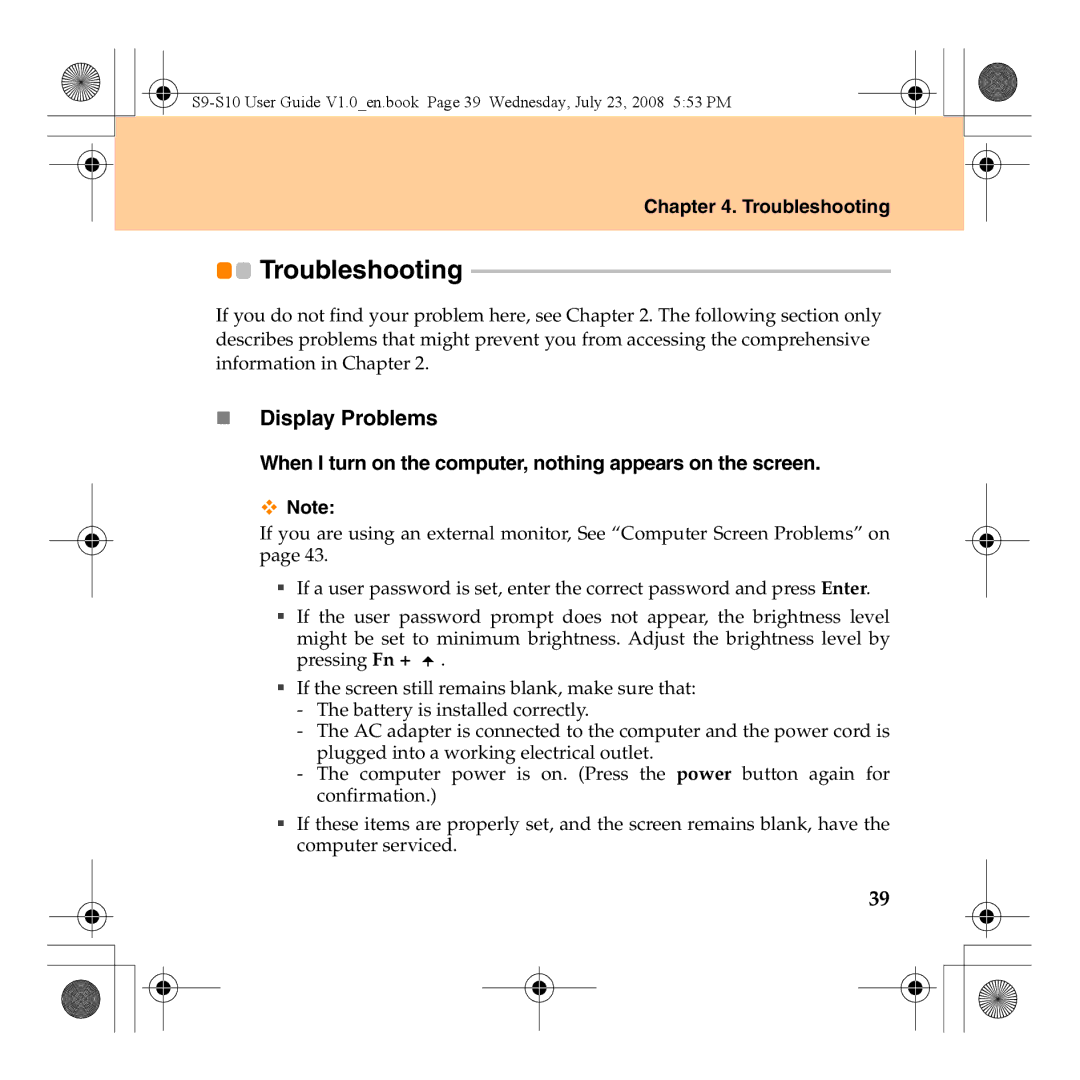 Lenovo S10 manual Troubleshooting, „ Display Problems, When I turn on the computer, nothing appears on the screen 