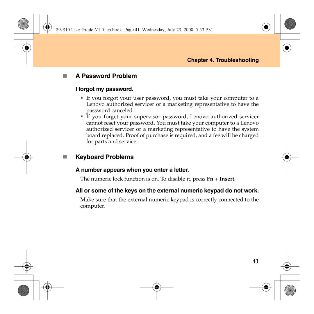 Lenovo S10 manual „ a Password Problem, „ Keyboard Problems, Forgot my password, Number appears when you enter a letter 