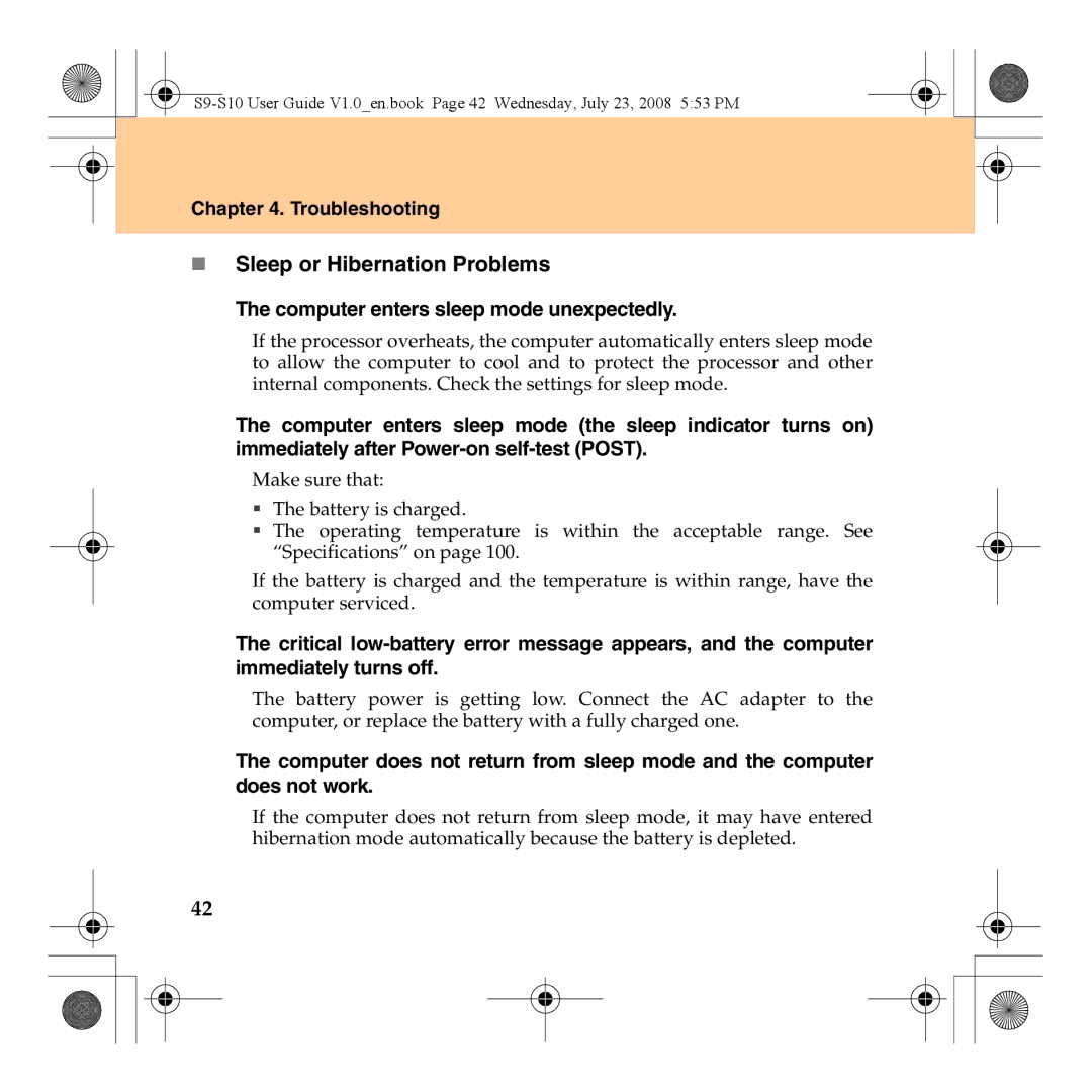 Lenovo S10 manual „ Sleep or Hibernation Problems, Computer enters sleep mode unexpectedly 