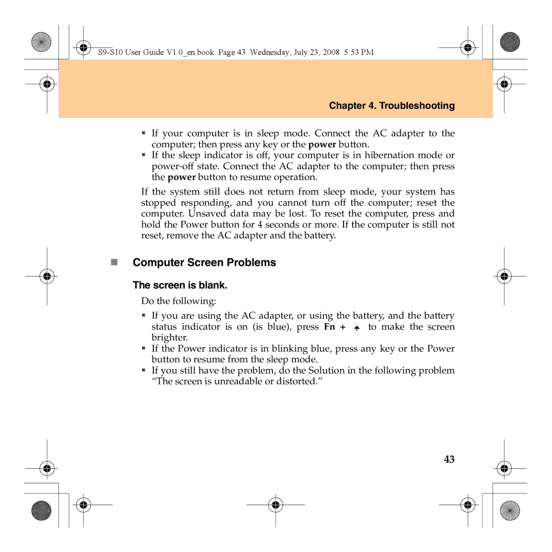 Lenovo S10 manual „ Computer Screen Problems, Screen is blank 