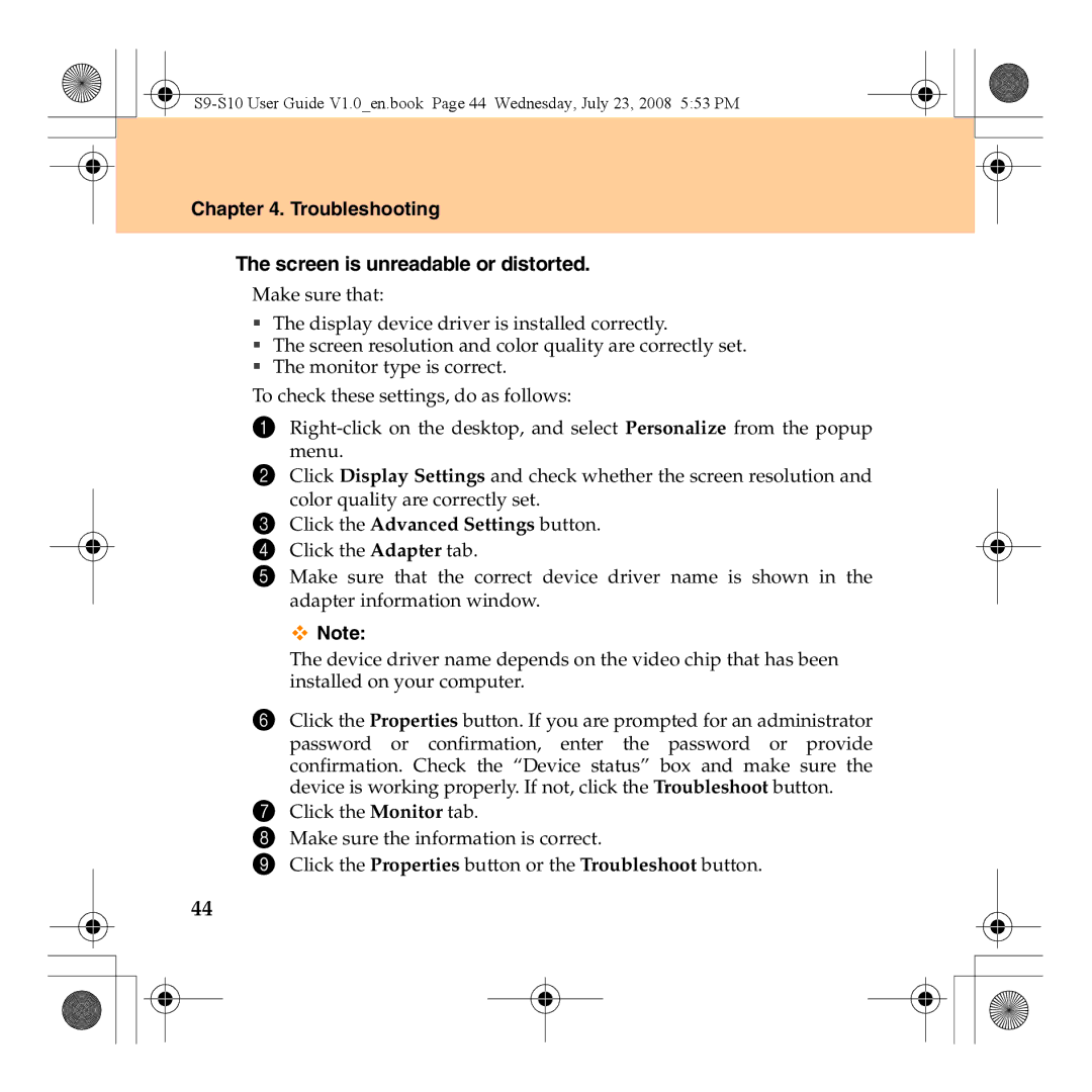 Lenovo S10 manual Troubleshooting Screen is unreadable or distorted, Click the Advanced Settings button 