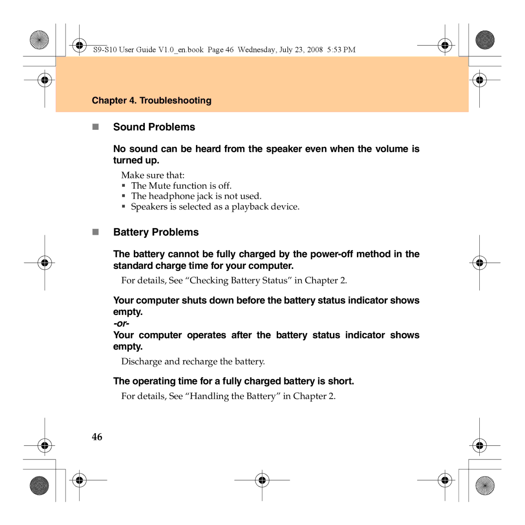 Lenovo S10 manual „ Sound Problems, „ Battery Problems, Operating time for a fully charged battery is short 