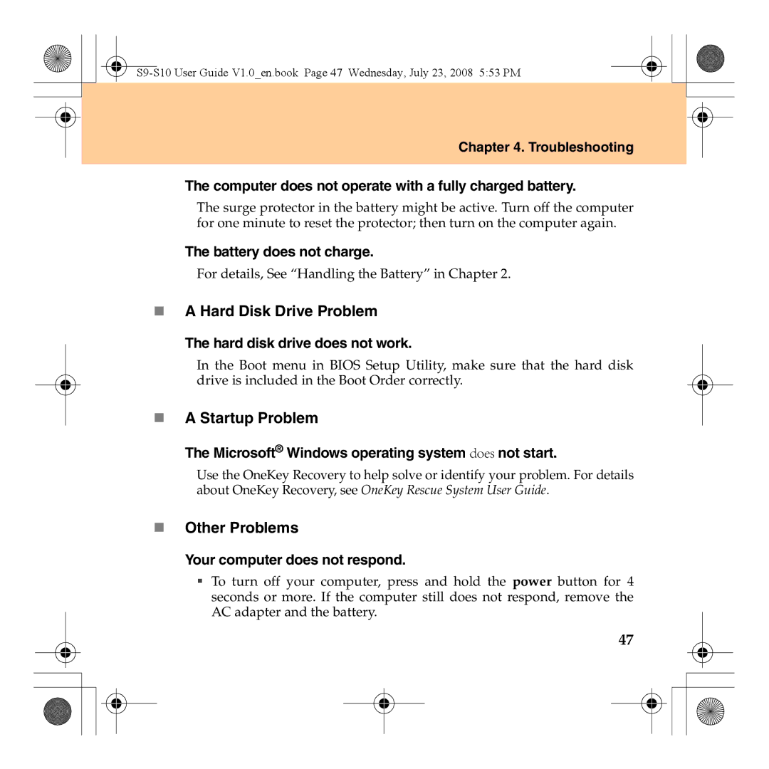 Lenovo S10 manual „ a Hard Disk Drive Problem, „ a Startup Problem, „ Other Problems 