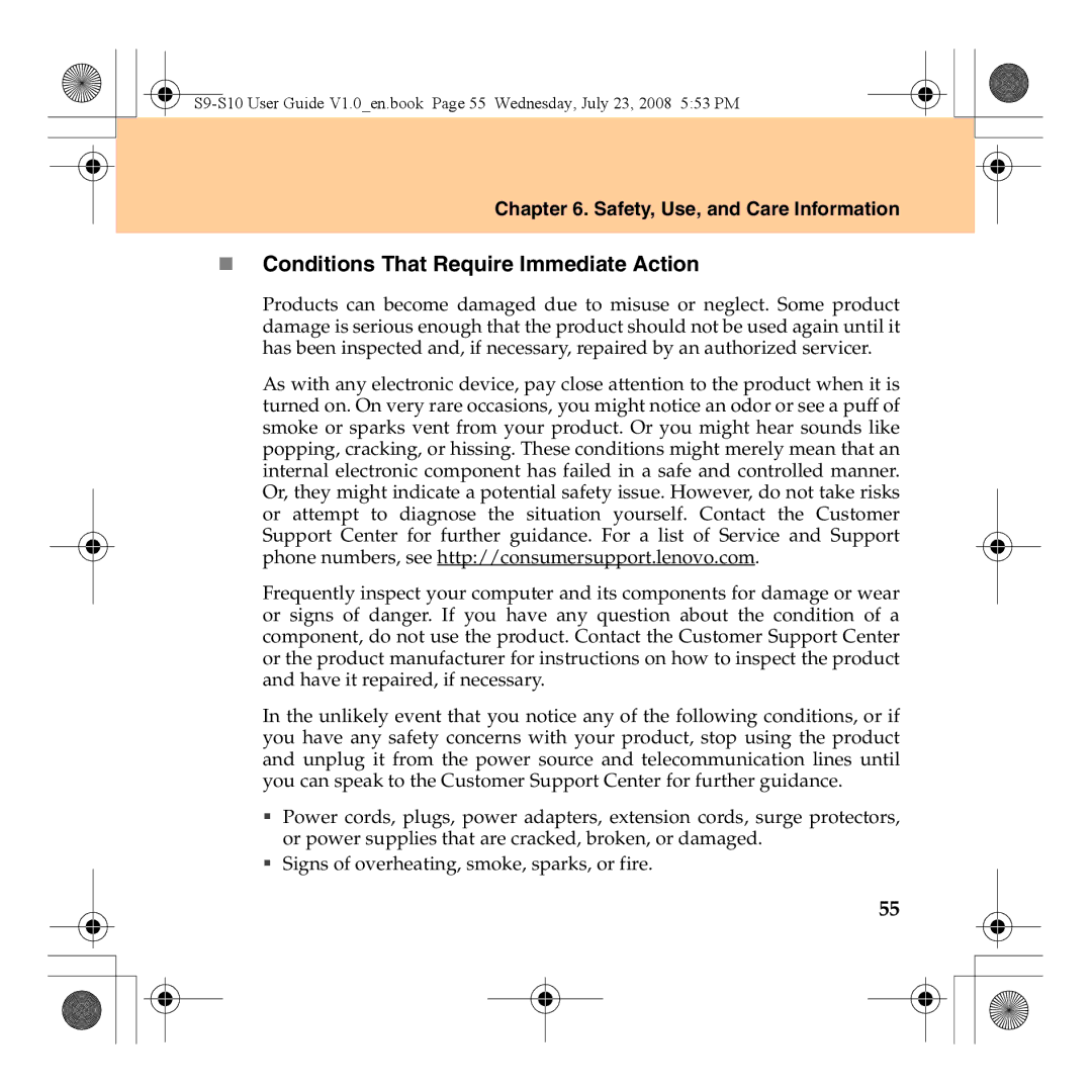 Lenovo S10 manual „ Conditions That Require Immediate Action, Safety, Use, and Care Information 