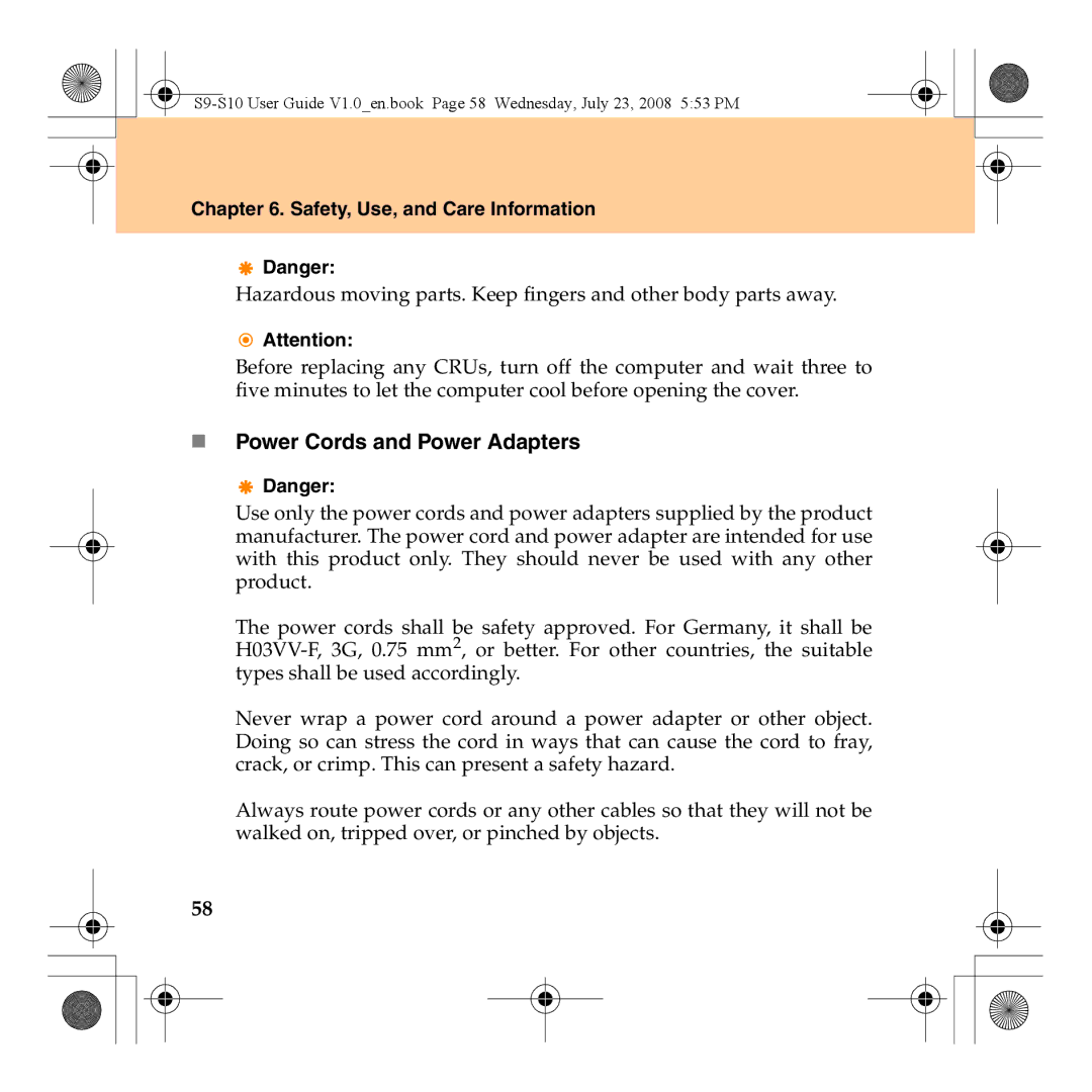 Lenovo S10 manual „ Power Cords and Power Adapters 