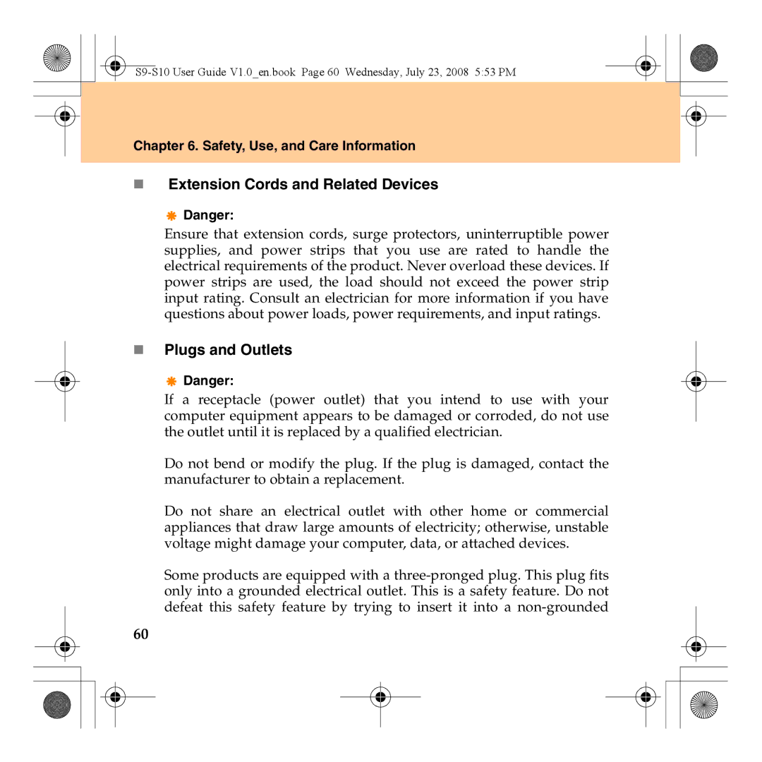 Lenovo S10 manual „ Extension Cords and Related Devices, „ Plugs and Outlets 