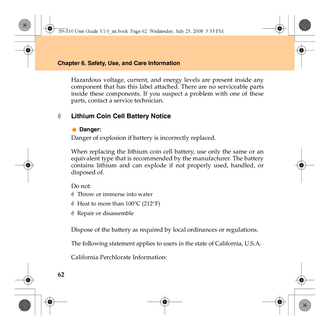 Lenovo S10 manual „ Lithium Coin Cell Battery Notice 