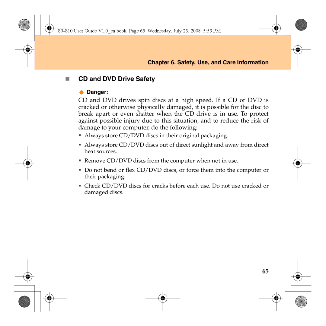 Lenovo S10 manual „ CD and DVD Drive Safety 