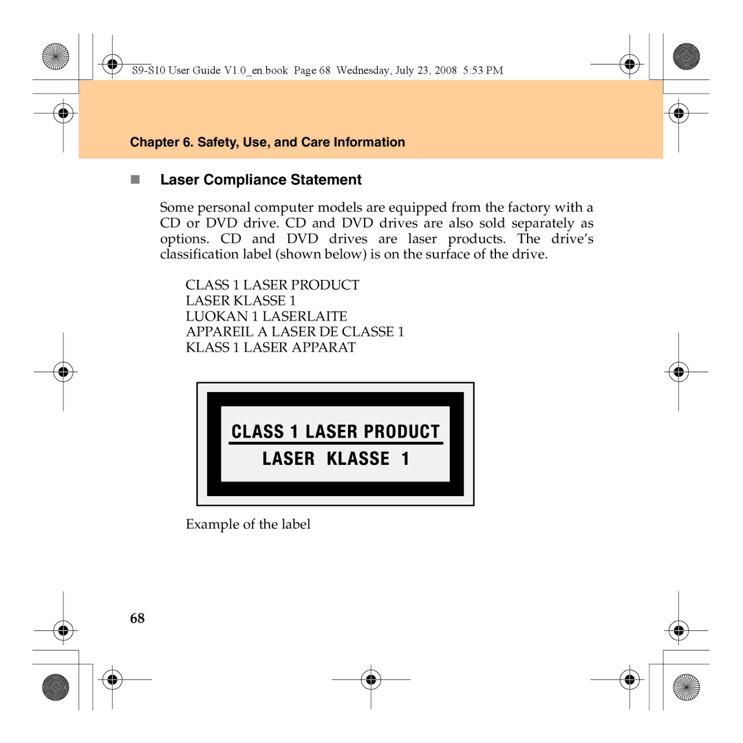 Lenovo S10 manual „ Laser Compliance Statement 