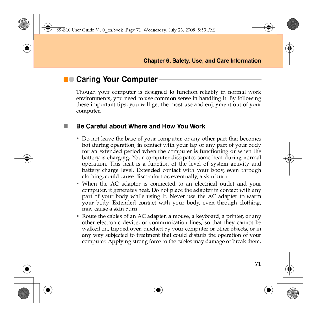 Lenovo S10 manual Caring Your Computer, „ Be Careful about Where and How You Work 