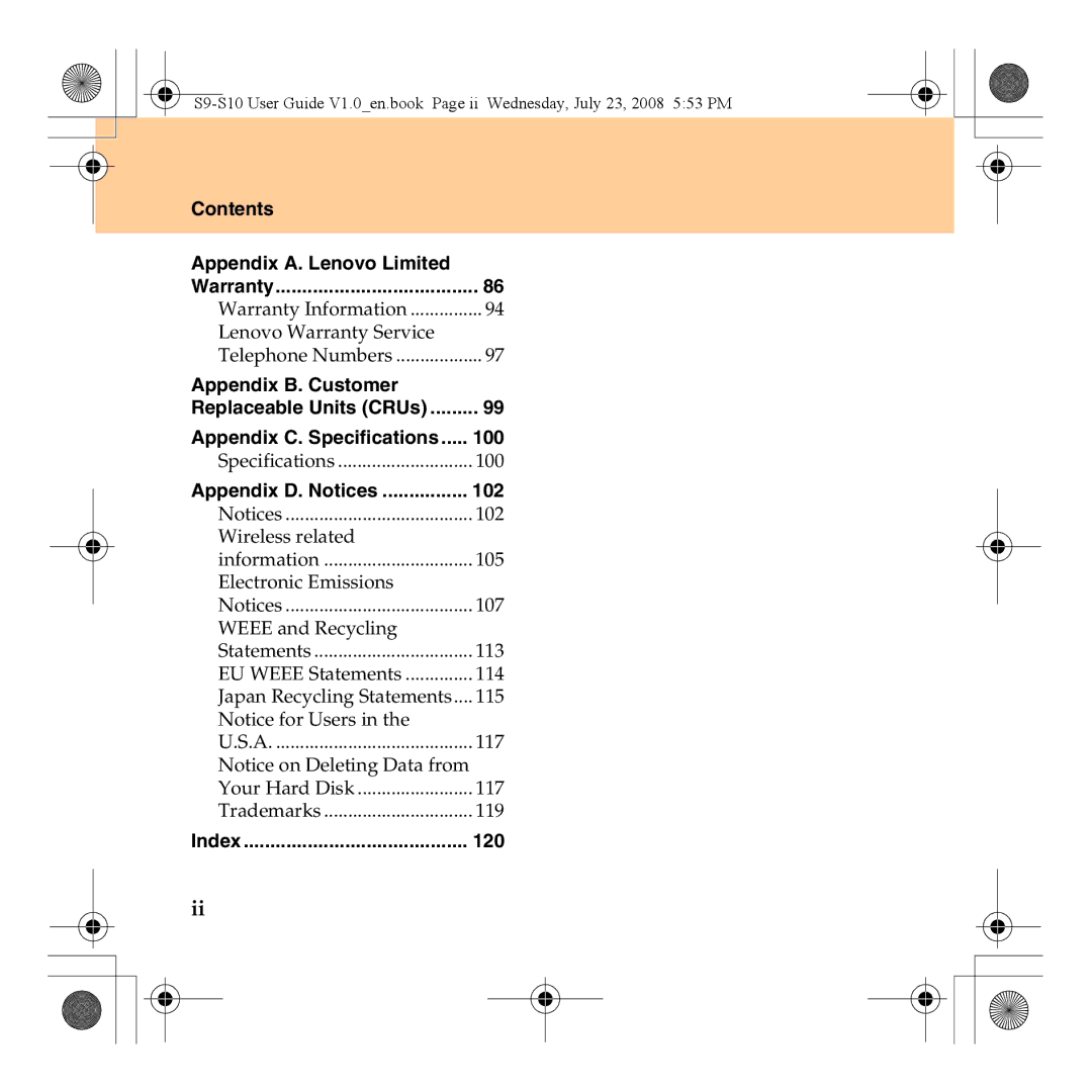 Lenovo S10 manual Contents Appendix A. Lenovo Limited, Appendix B. Customer, 100, 102, 120 