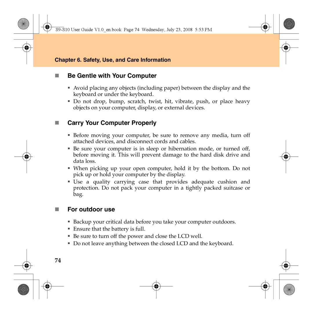 Lenovo S10 manual „ Be Gentle with Your Computer, „ Carry Your Computer Properly, „ For outdoor use 