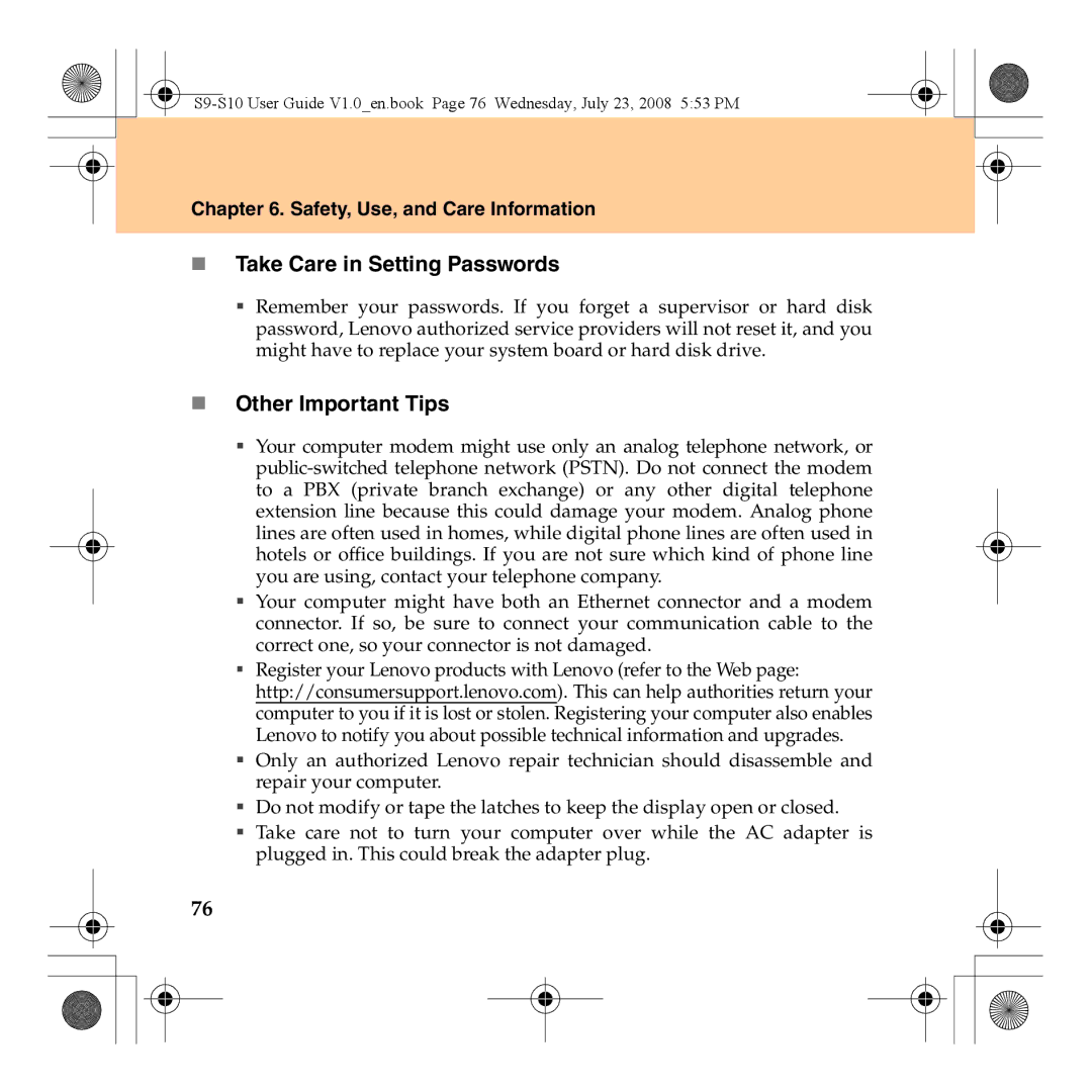 Lenovo S10 manual „ Take Care in Setting Passwords, „ Other Important Tips 