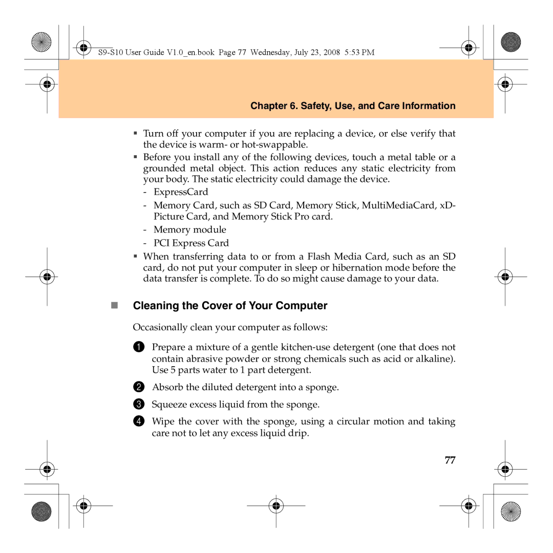 Lenovo S10 manual „ Cleaning the Cover of Your Computer 