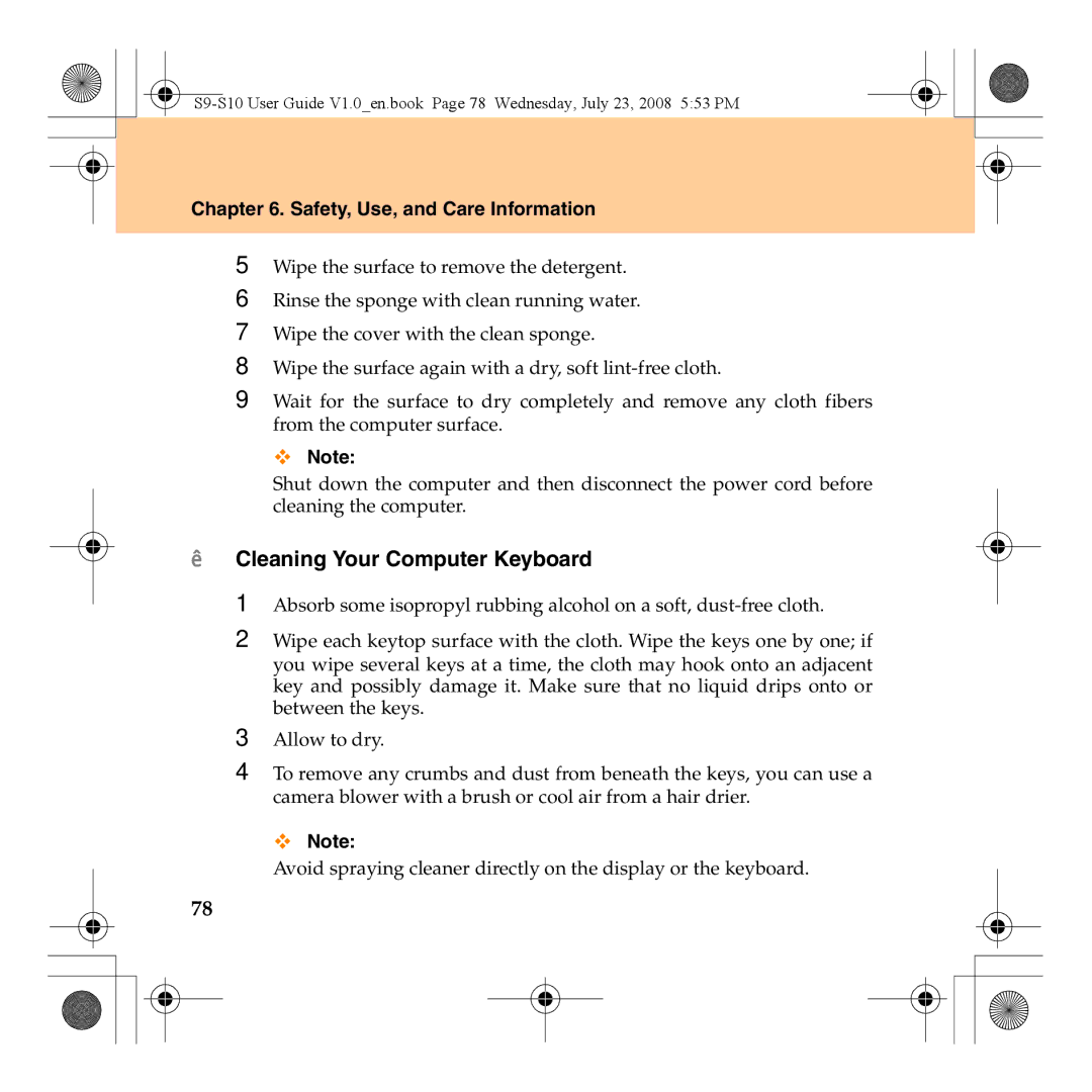 Lenovo S10 manual „ Cleaning Your Computer Keyboard 