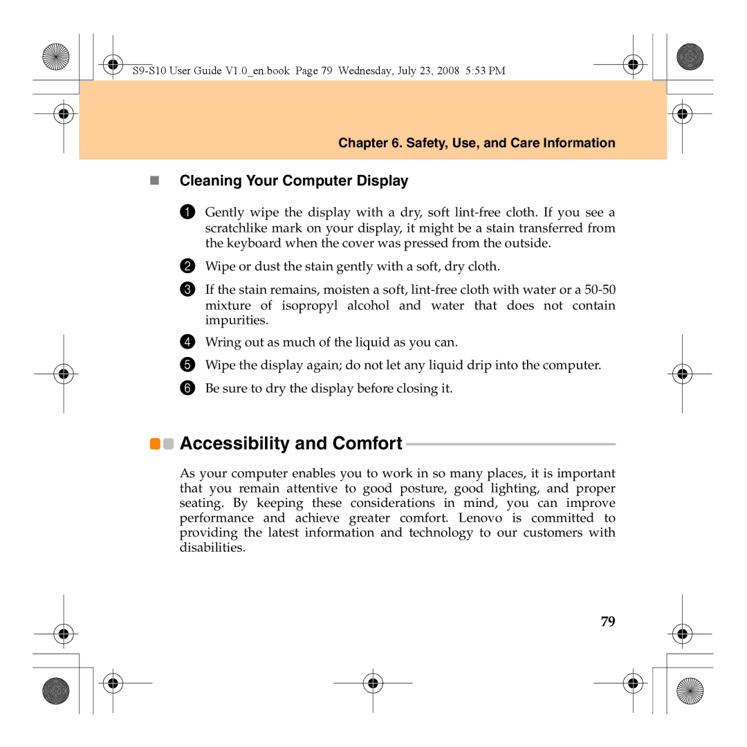 Lenovo S10 manual Accessibility and Comfort, „ Cleaning Your Computer Display 