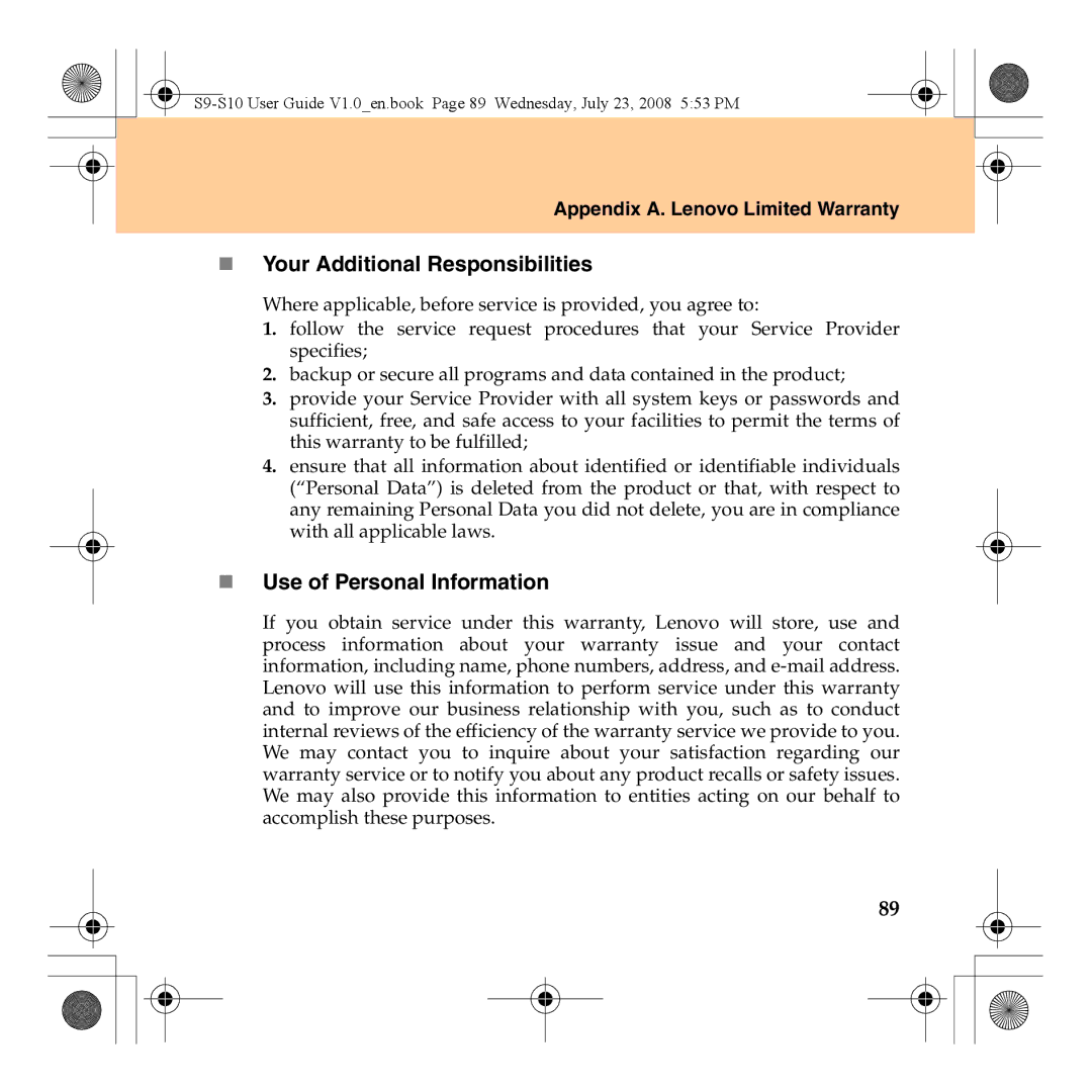 Lenovo S10 manual „ Your Additional Responsibilities, „ Use of Personal Information 