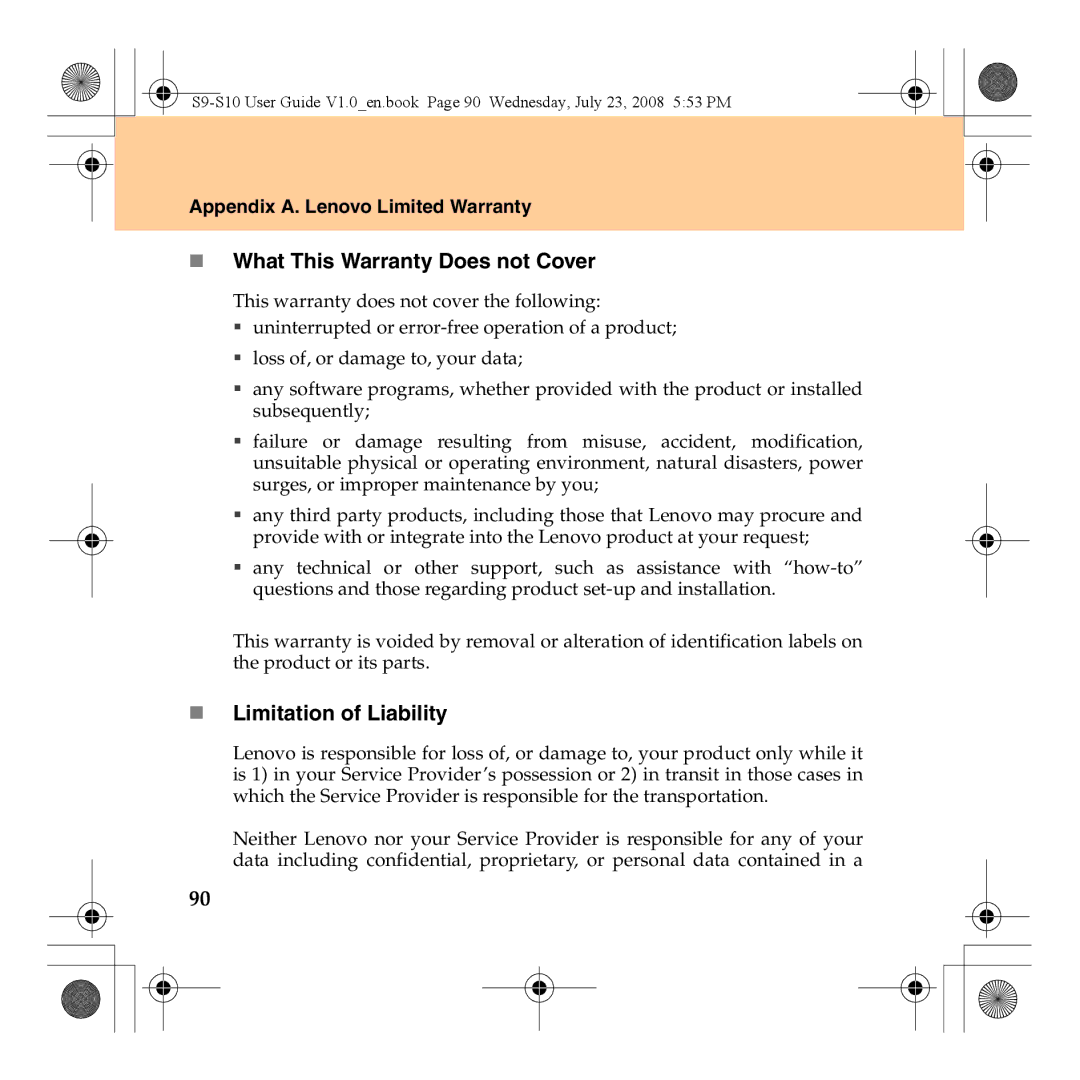 Lenovo S10 manual „ What This Warranty Does not Cover, „ Limitation of Liability 