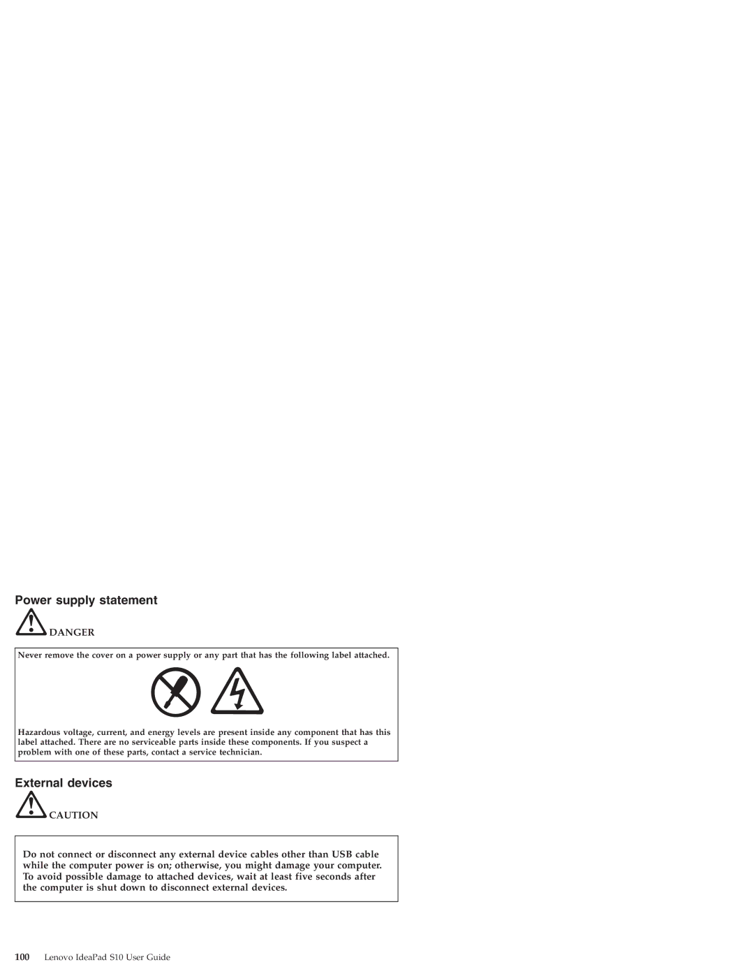 Lenovo S10 manual Power supply statement, External devices 