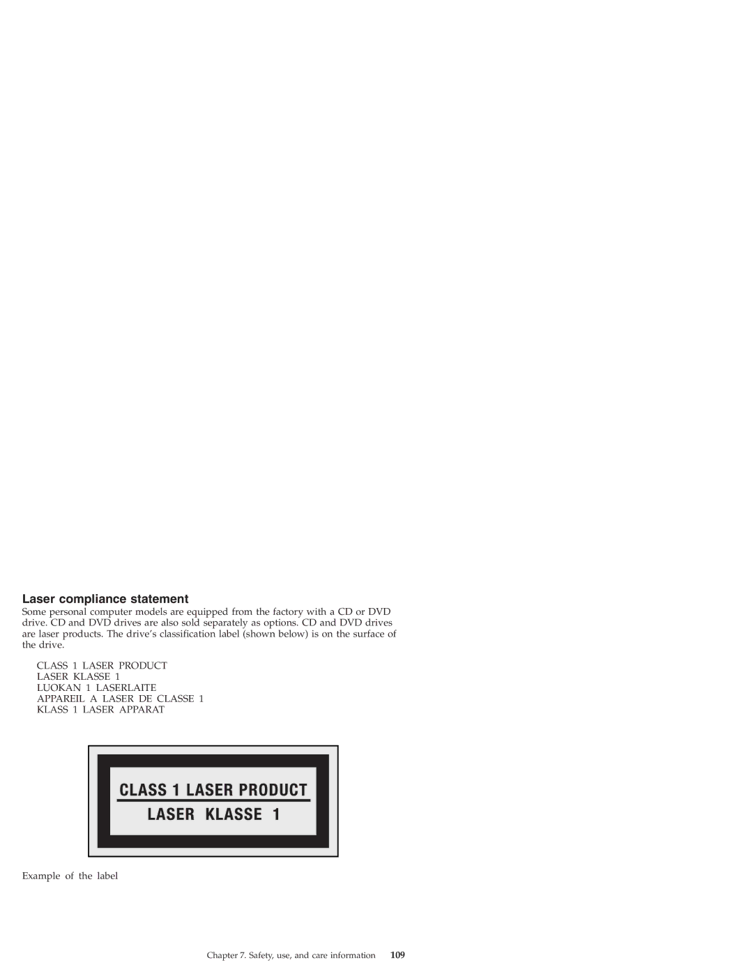 Lenovo S10 manual Laser compliance statement, 109 