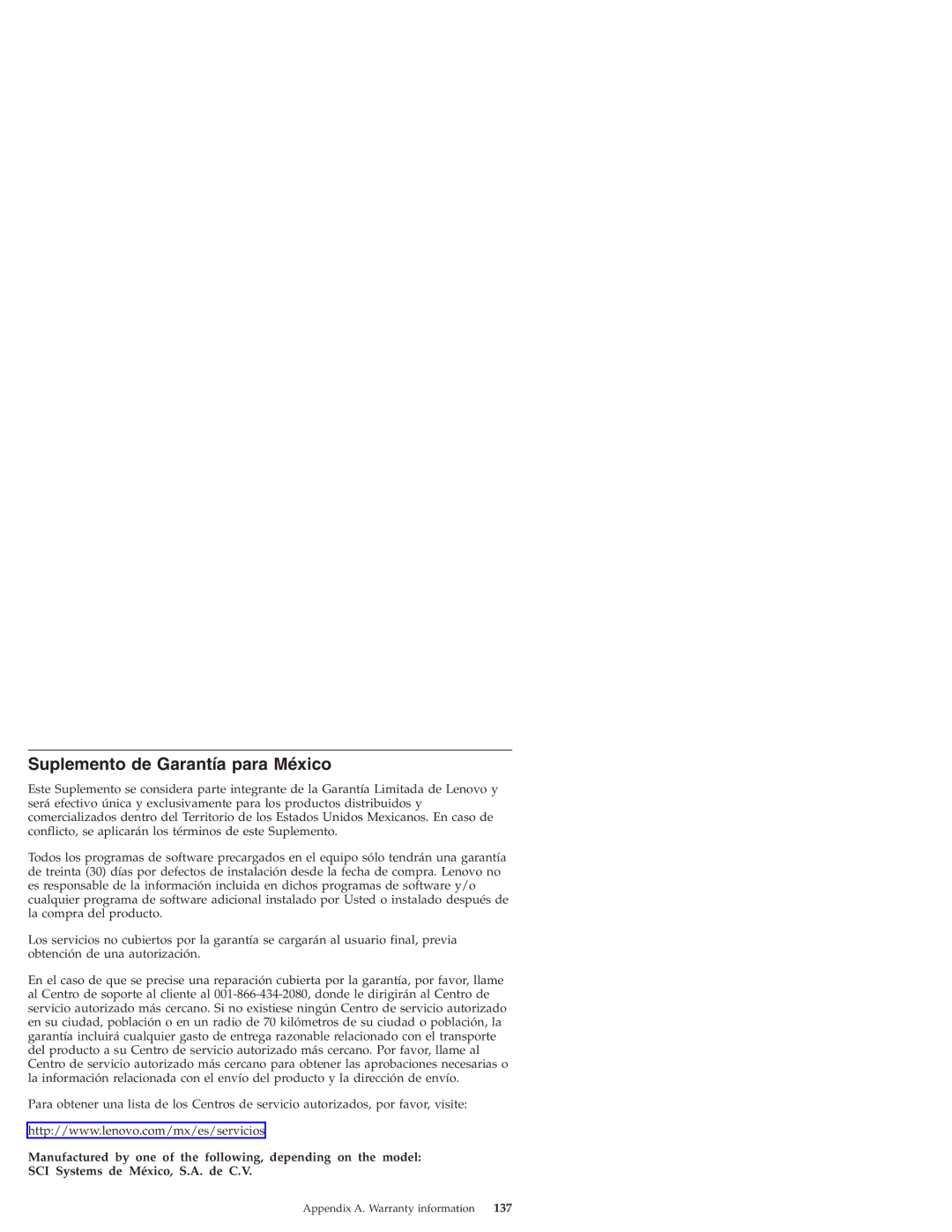 Lenovo S10 manual Suplemento de Garantía para México, 137 