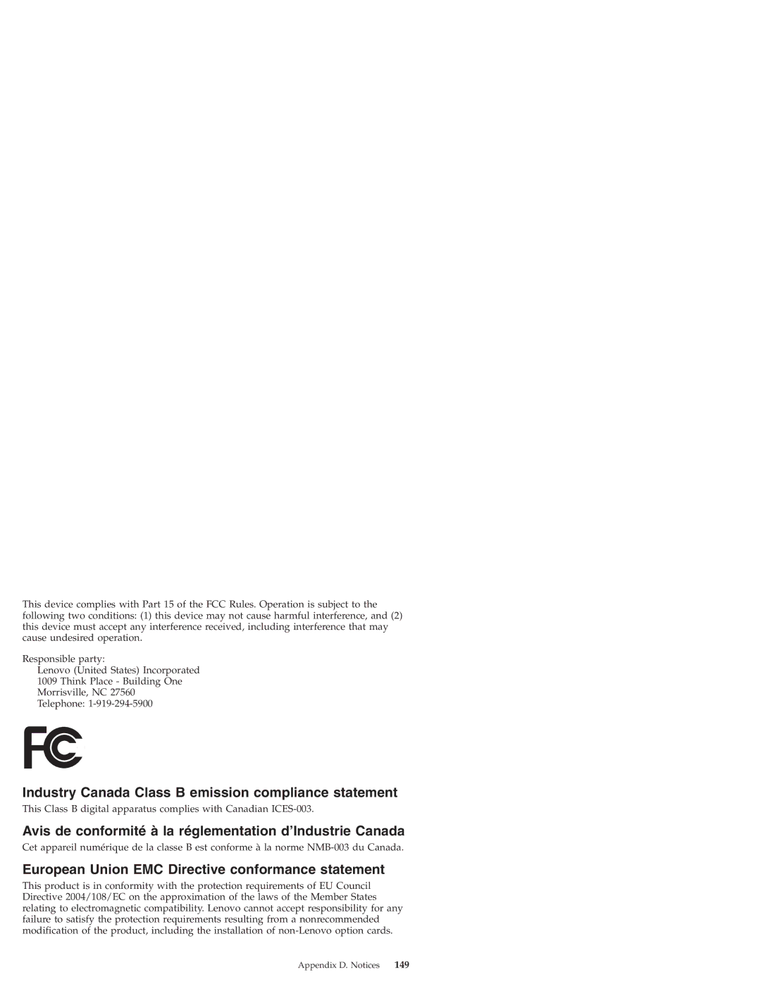 Lenovo S10 Industry Canada Class B emission compliance statement, European Union EMC Directive conformance statement, 149 