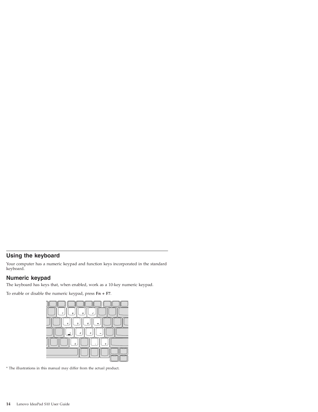 Lenovo S10 manual Using the keyboard, Numeric keypad 
