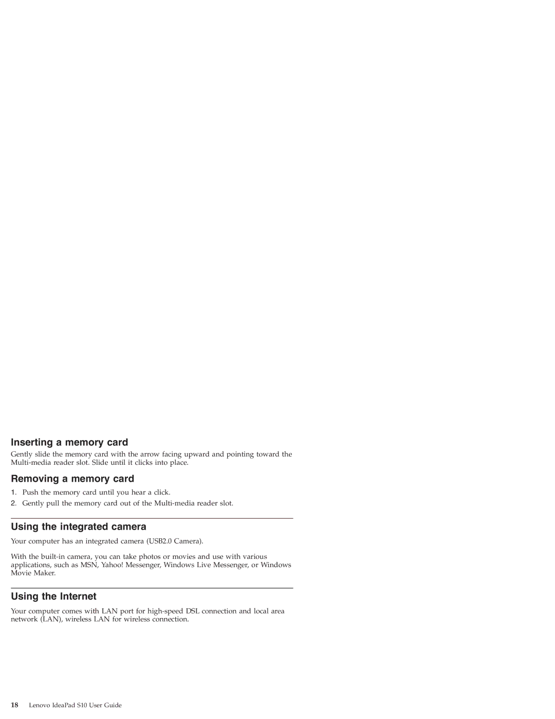 Lenovo S10 manual Inserting a memory card, Removing a memory card, Using the integrated camera, Using the Internet 