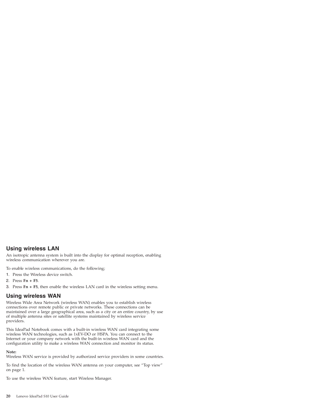 Lenovo S10 manual Using wireless LAN, Using wireless WAN 