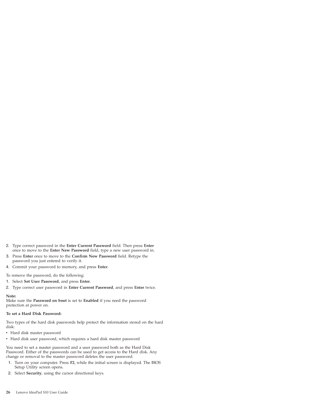 Lenovo S10 manual Select Set User Password, and press Enter, To set a Hard Disk Password 