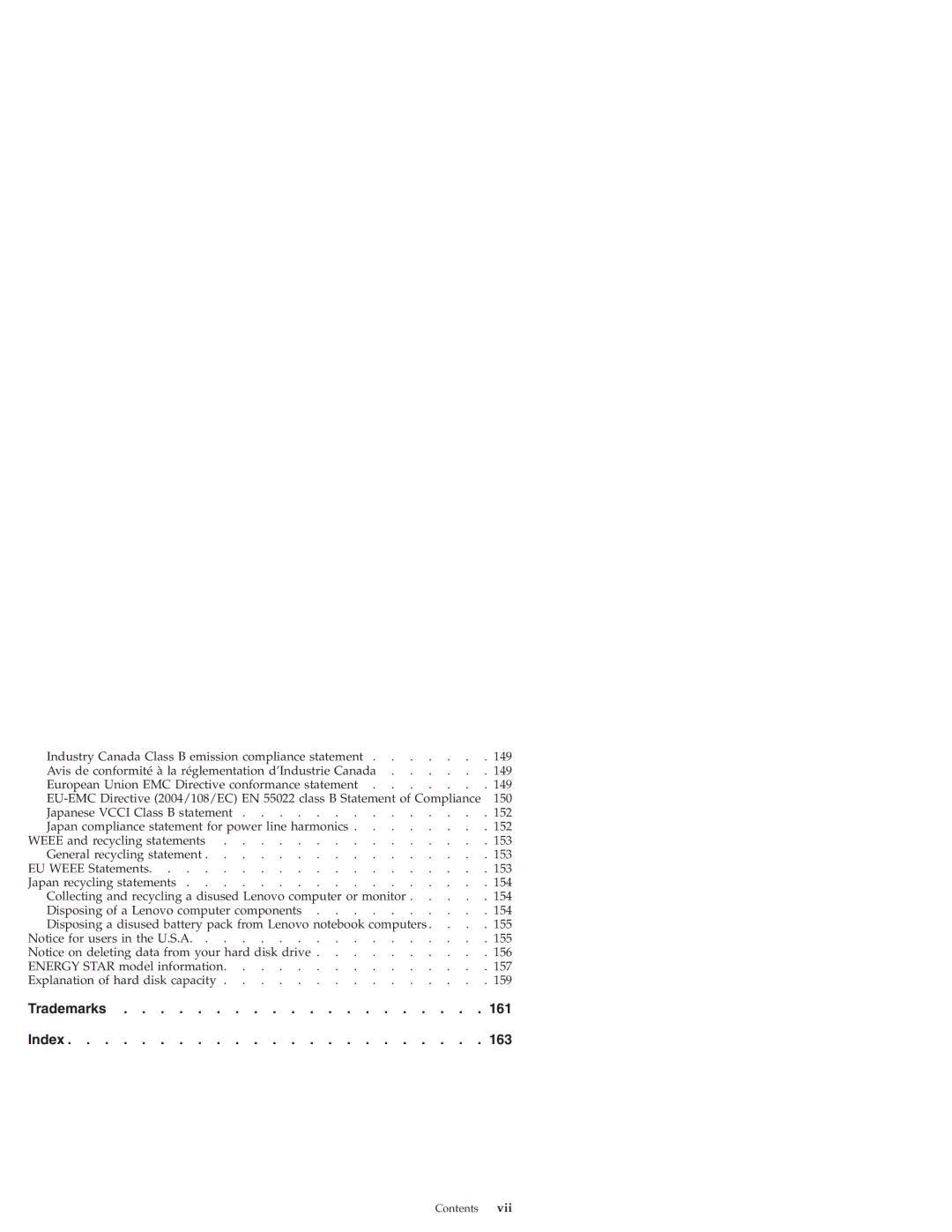 Lenovo S10 manual Trademarks 161 Index 163 