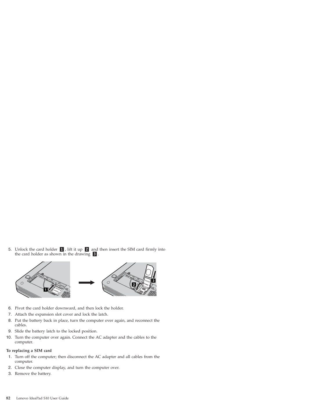 Lenovo S10 manual To replacing a SIM card 