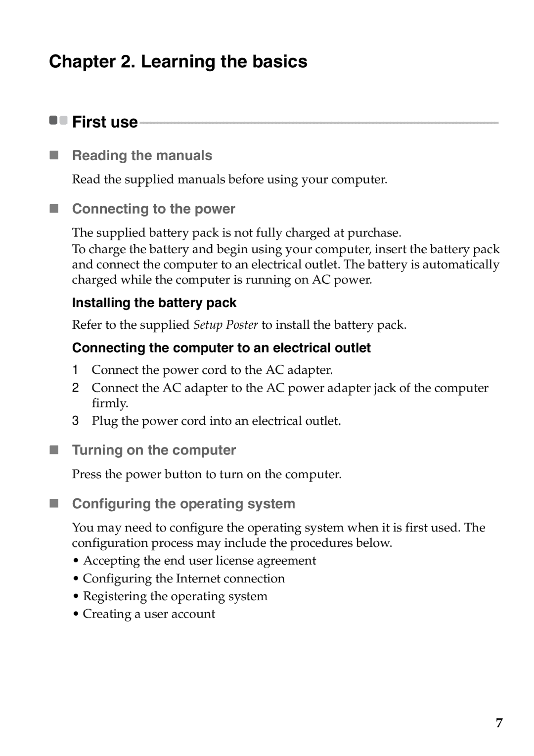 Lenovo S100 Learning the basics, „ Reading the manuals, „ Connecting to the power, „ Turning on the computer 